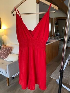 SHEIN Bright Red Spaghetti-Strap Smocked Mini Romper